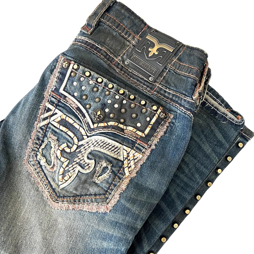 HOT Men's ROCK REVIVAL LAMPSON Biker EMBROIDERED STUDS BLACK Jeans 40x31‎
